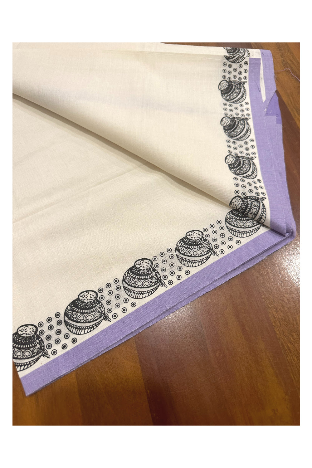 Kerala Cotton Set Mundu (Mundum Neriyathum) with Block Prints on Violet Border (Onam Set Mundu 2023)