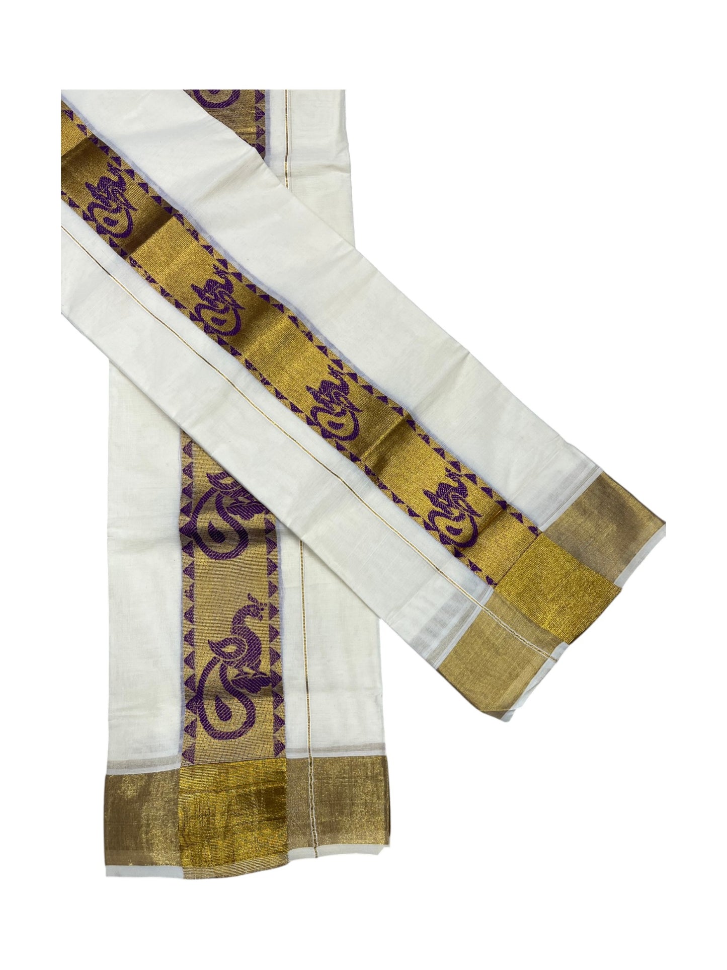 Kerala Pure Cotton  Set Mundu (Mundum Neriyathum) with Violet Block Prints on Kasavu Border-2.80Mtrs
