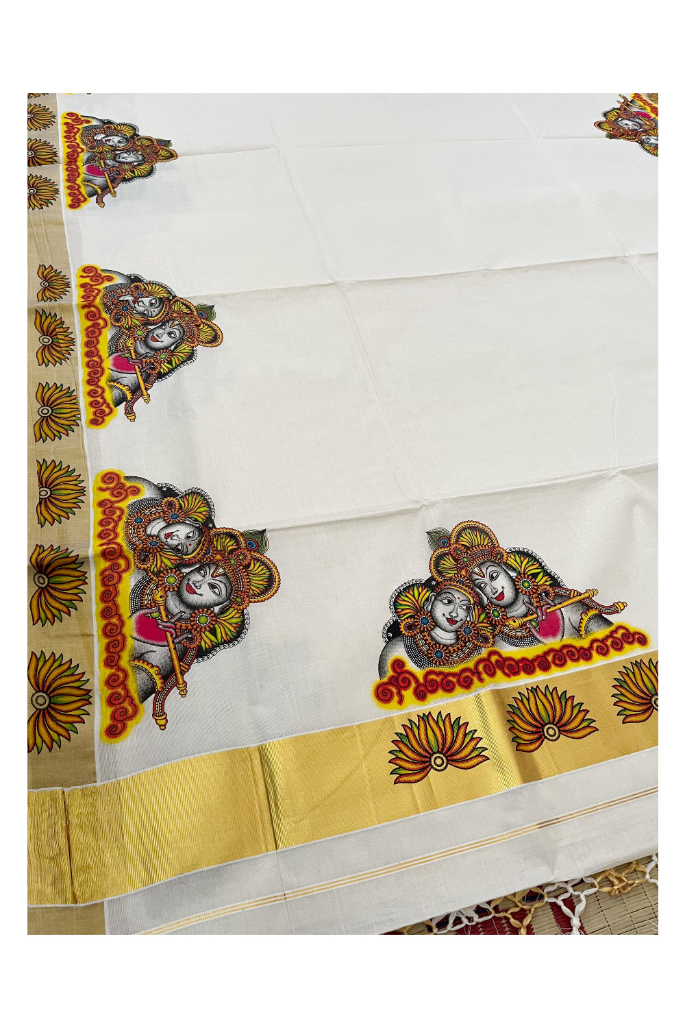 Pure Cotton Kerala Kasavu Saree with Krishna Radha Mural Printed Art Design and Printed Border