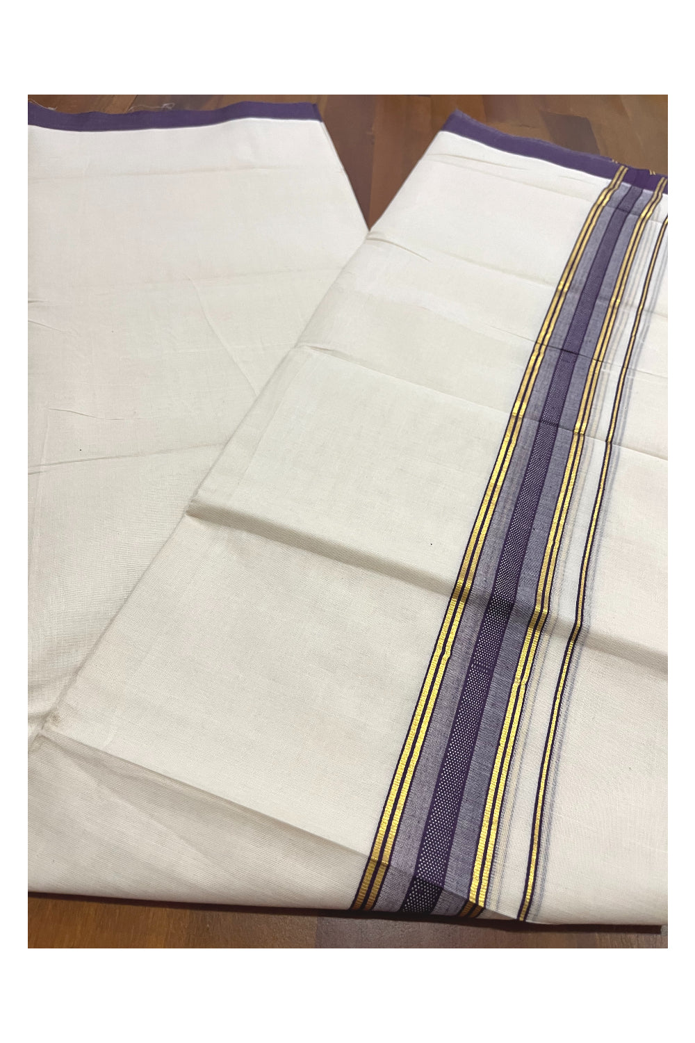 Pure Cotton 100x100 Double Mundu with Kasavu and Purple Kara (Onam Mundu 2023)