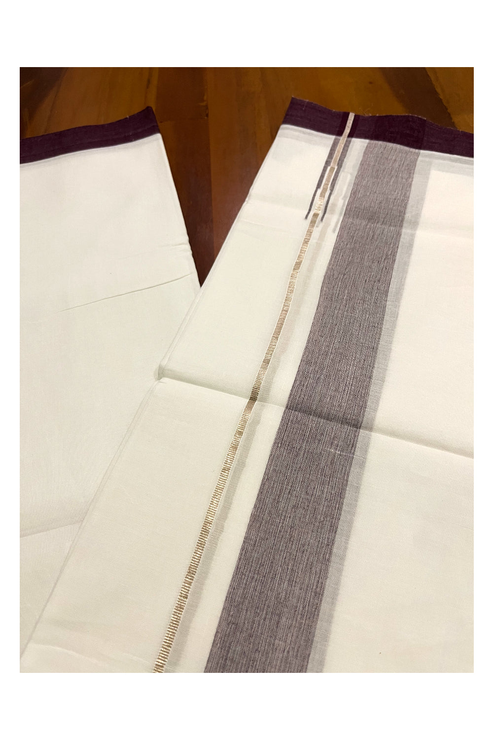 Pure White Cotton Double Mundu with Silver Kasavu and Purple Chutti Border (South Indian Kerala Dhoti)