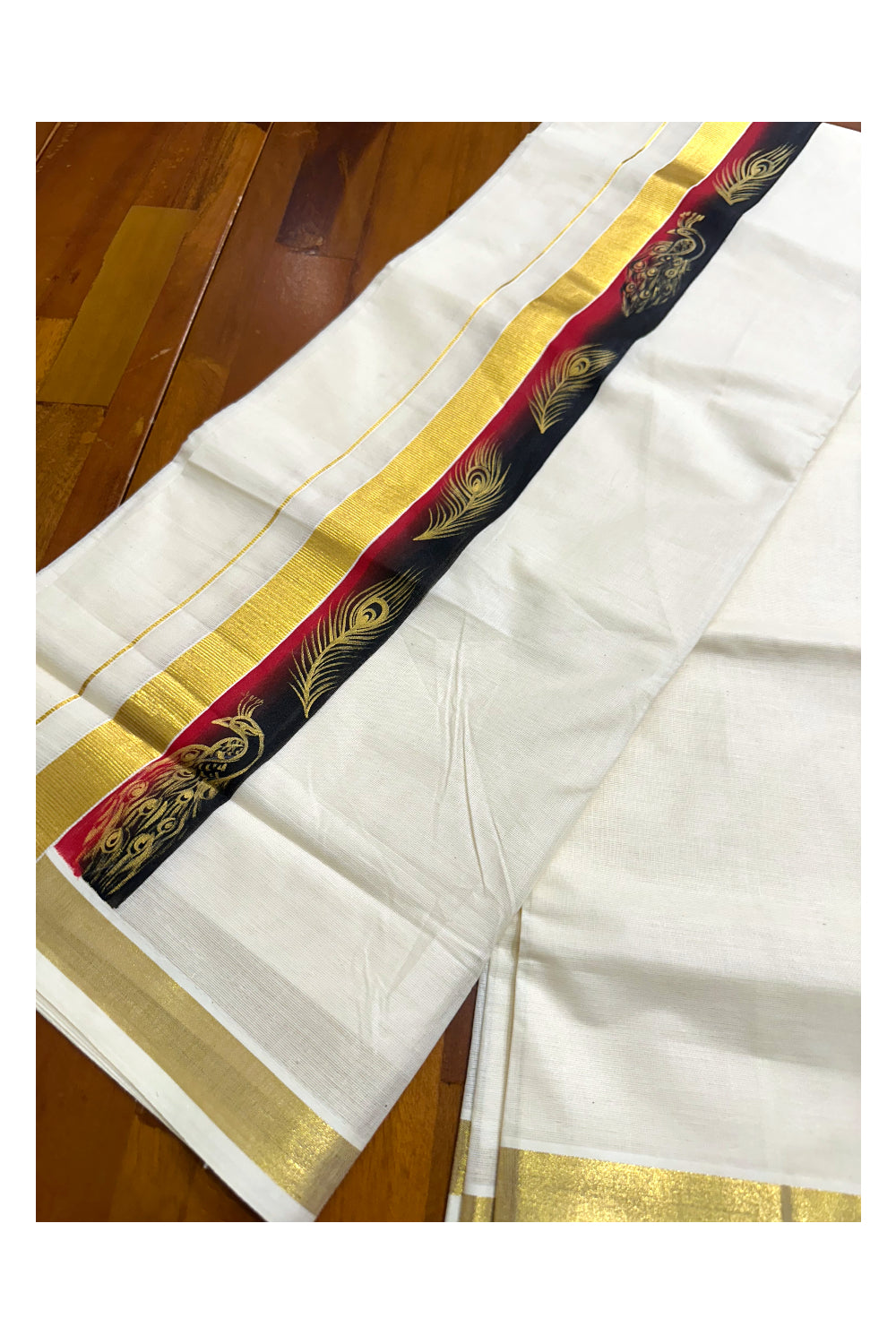 Kerala Pure Cotton Double Mundu with Hand Painted Designs on Kasavu Border(South Indian Kerala Dhoti)