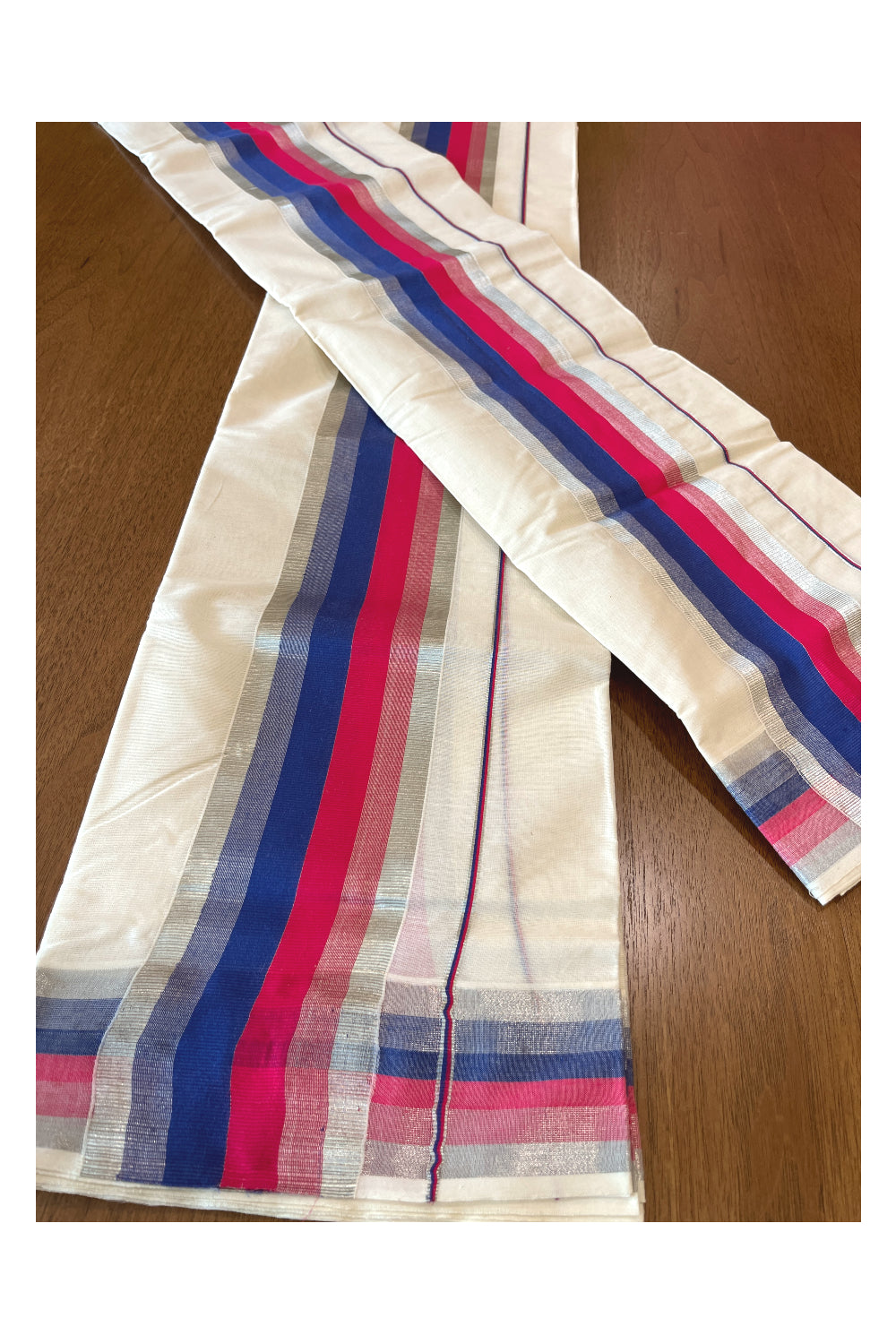 Cotton Mundum Neriyathum Double (Set Mundu) with Magenta Blue and Silver Kasavu Border