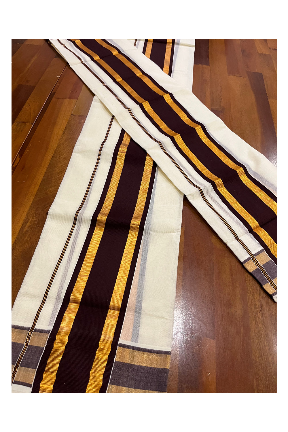 Kerala Cotton Mundum Neriyathum Single (Set Mundu) with Brown and Kasavu Border