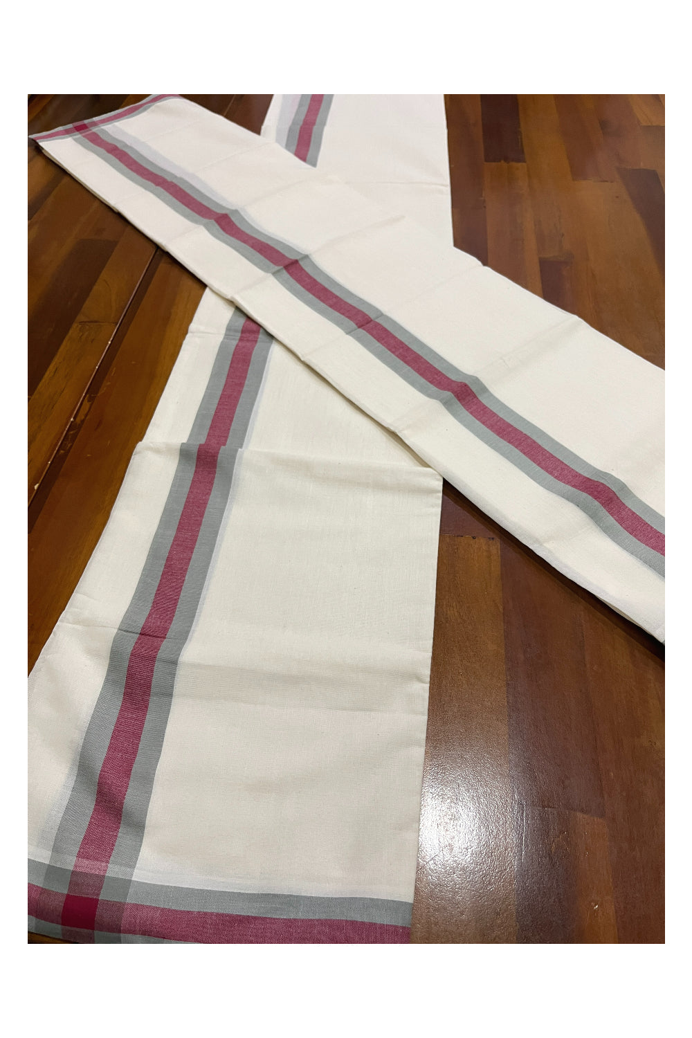 Kerala Cotton Mulloth Single Set Mundu (Mundum Neriyathum) with Maroon and Grey Border (Extra Soft Cotton) 2.75 Mtrs