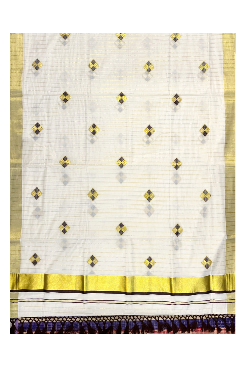 Kerala Cotton Kasavu Lines Saree with Brown and Golden Diagonal Embroidery Work