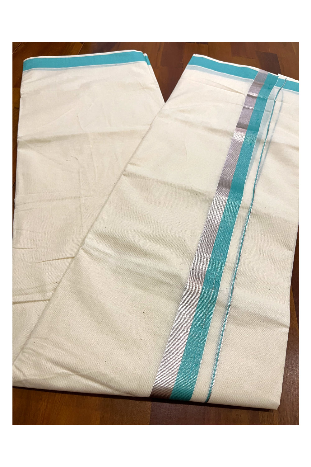 Kerala Cotton Double Mundu with Turquoise and Silver Kasavu Border (Onam Mundu 2023)