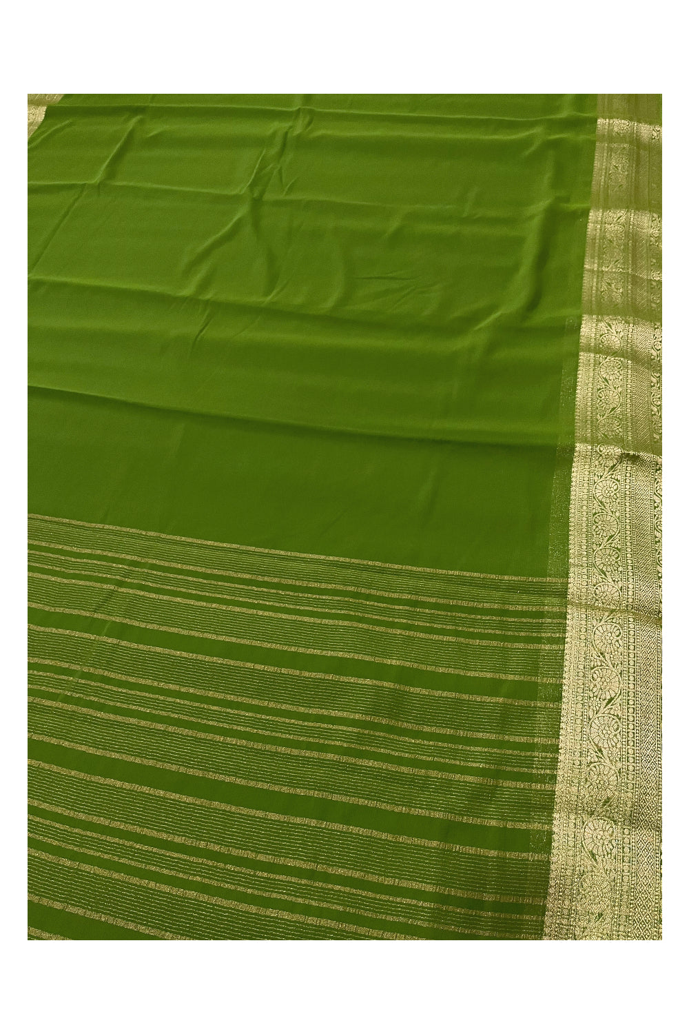 Southloom Crepe Zari Design Border Olive Green Saree and Yellow Blouse piece