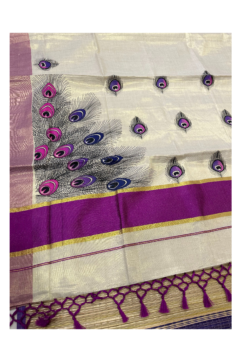 Kerala Tissue Kasavu Saree with Feather Block Prints and Magenta Border (Onam Saree 2023)