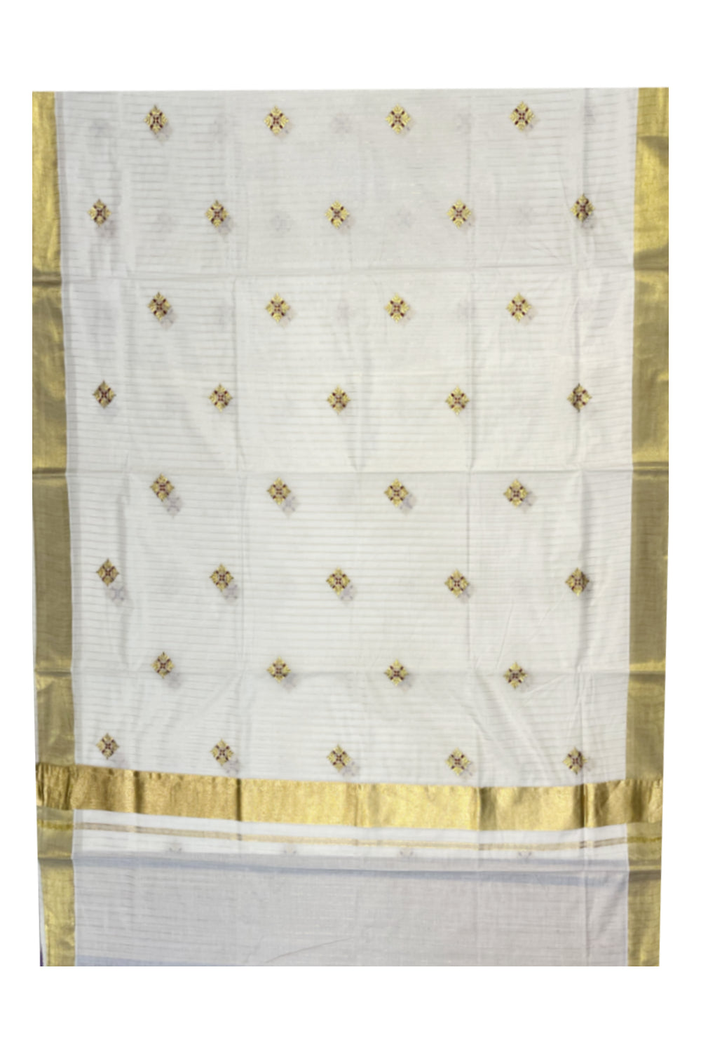 Kerala Cotton Kasavu  Lines Saree with Maroon and Golden Embroidery Work