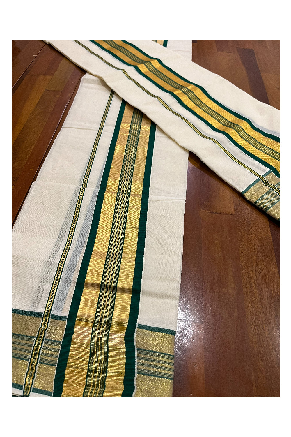 Pure Cotton Kerala Onam 2023 Set Mundu (Mundum Neriyathum) Single with Green and Kasavu Border 2.80 Mtrs