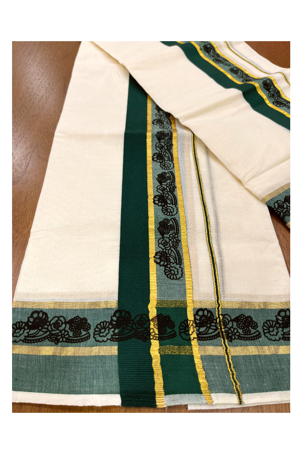 Kerala Cotton Set Mundu (Mundum Neriyathum) with Floral Block Prints in Dark Green and Kasavu Border