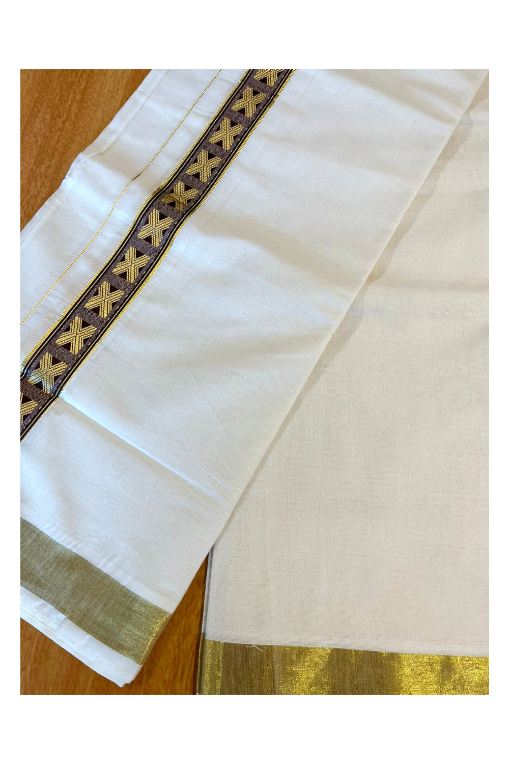 Southloom Kasavu Double Mundu with Brown Prints Along Kasavu Kara