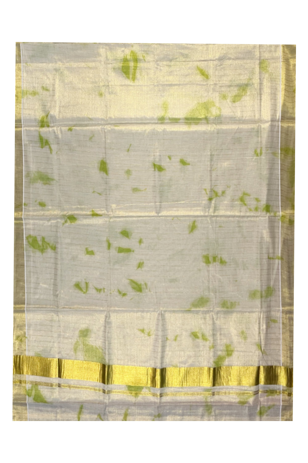 Southloom Tissue Dyed Pattern Green Design Saree with Kasavu Lines Across Body