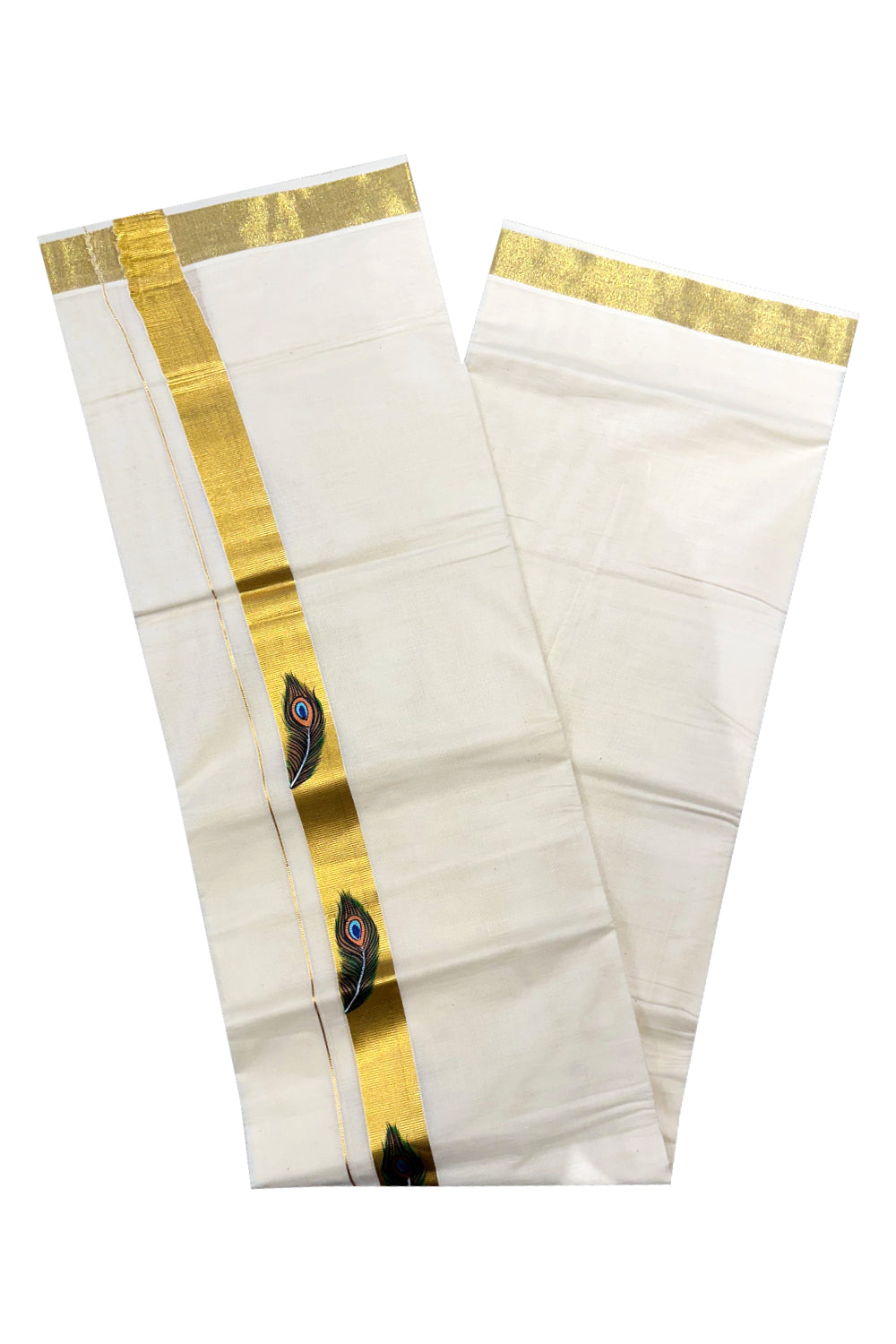 Off White Pure Cotton Double Mundu with Feather Mural Painted Design on Kasavu Kara (South Indian Dhoti)