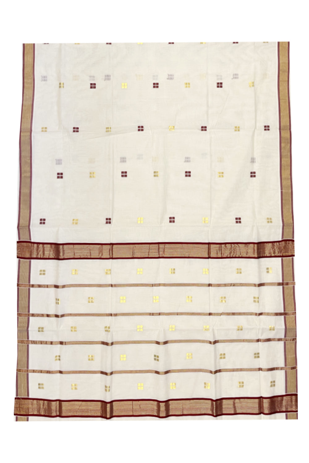 Southloom Premium Handloom Kerala Saree Marooon and Kasavu Lines with Golden Small Woven Works on Body