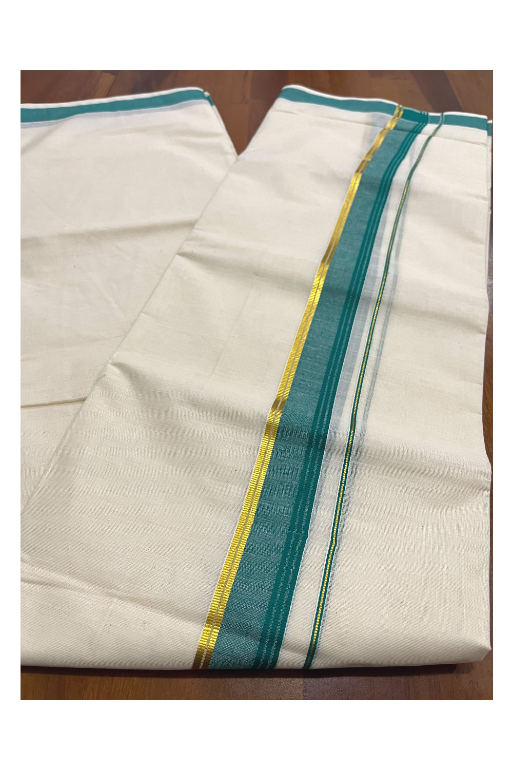 Pure Cotton Kerala Double Mundu with Green and Kasavu Kara (South Indian Kerala Dhoti)