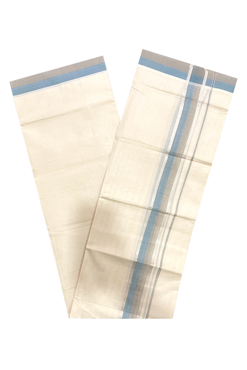 Kerala Pure Cotton Double Mundu with Blue Grey and Silver Kasavu Border (South Indian Kerala Dhoti)