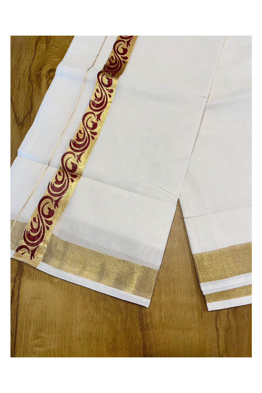 Southloom Kasavu Double Mundu with Maroon Tribal / Retro Design Print on Kasavu Kara