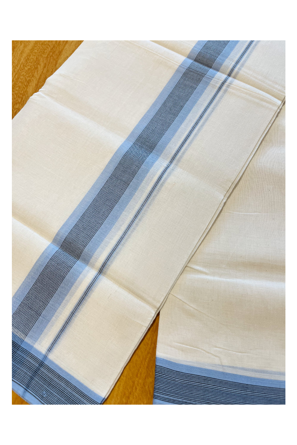 Southloom Premium Handloom Cotton Double Mundu with Blue And Black Lines Border