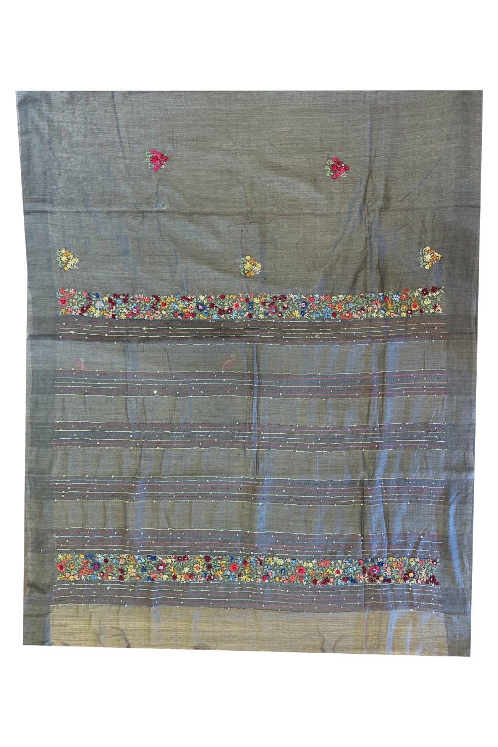 Southloom Dark Grey Linen Saree with Floral Hand Embroidered works