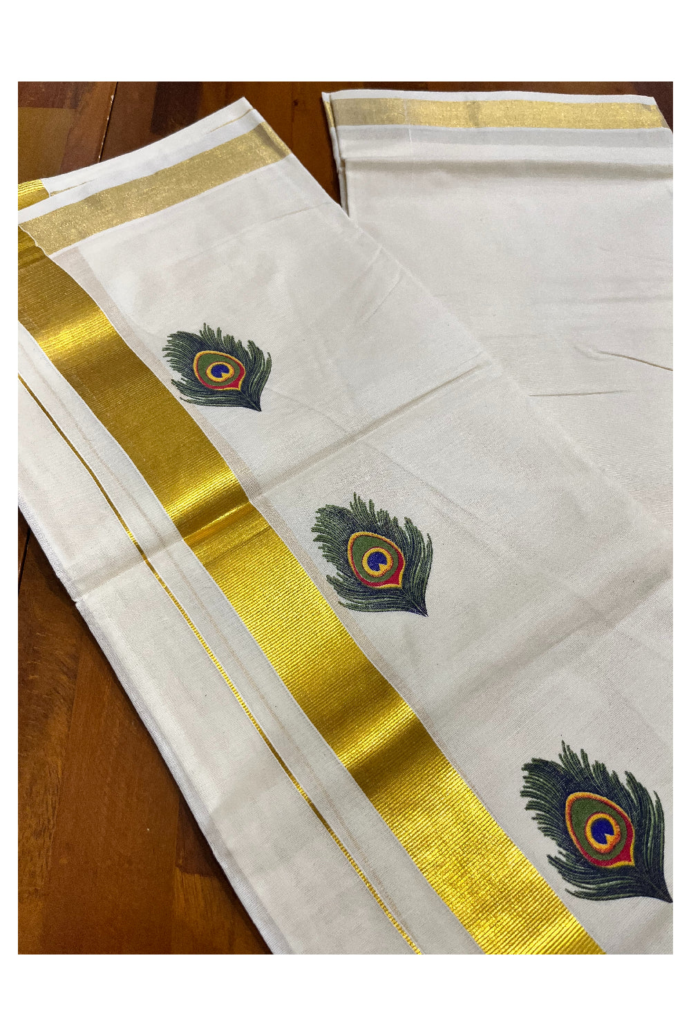 Pure Cotton Kasavu Mundu with Mural Hand Painted Feather Design (South Indian Kerala Dhoti) - Vishu 2024 Collection