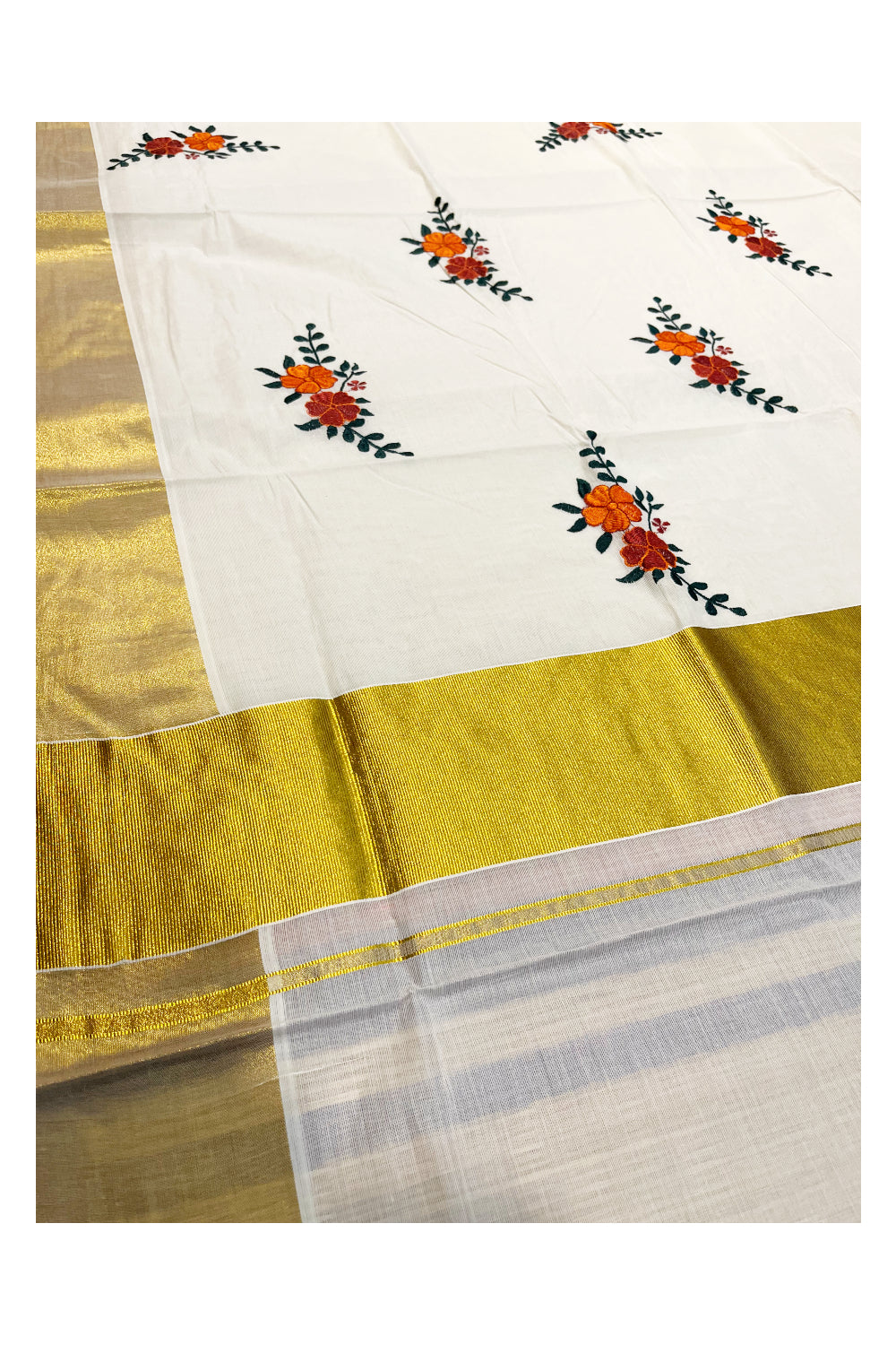 Kerala Cotton Kasavu Saree with Floral Flower Embroidery Works