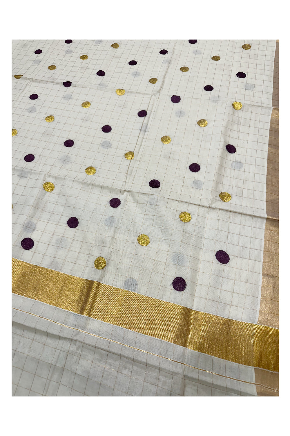 Southloom Kerala Check Saree with Woven Polka Dots in Kasavu and Violet Colour