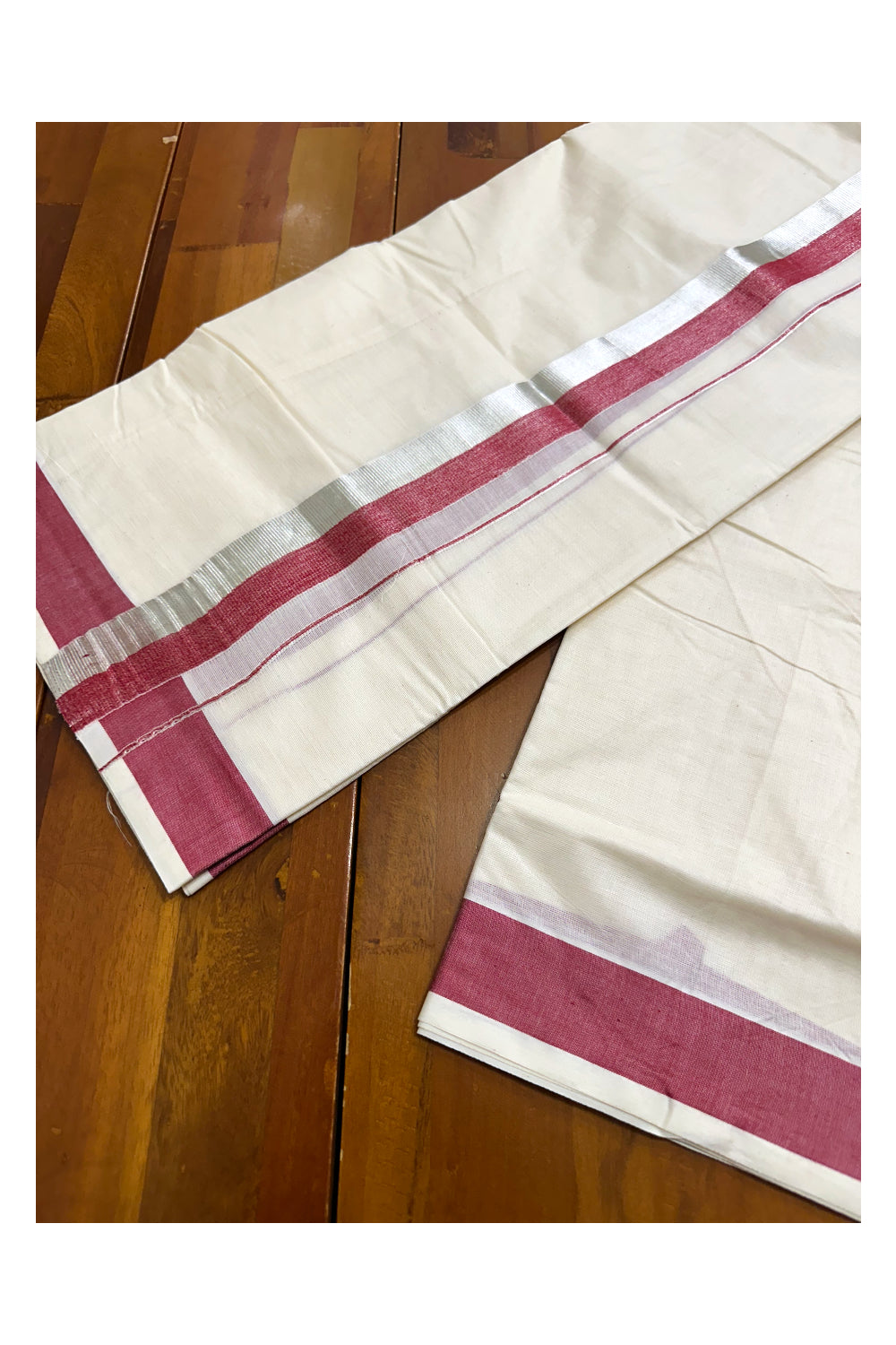 Kerala Pure Cotton Off White Double Mundu with Silver Kasavu And Red Kara (South Indian Kerala Dhoti)