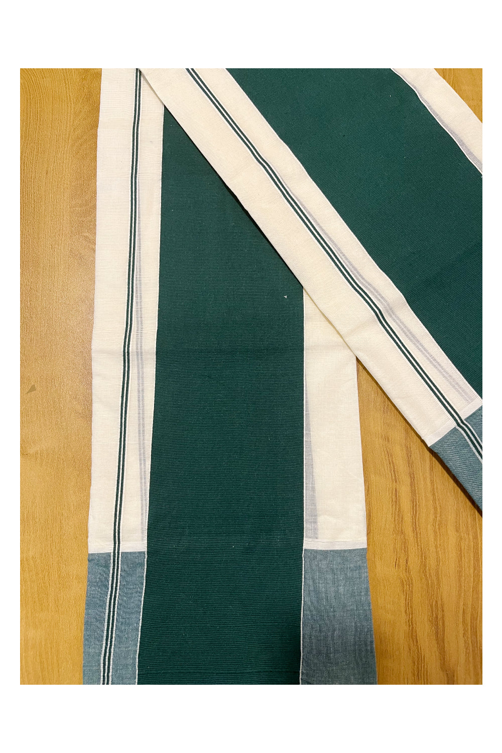 Kerala Pure Cotton Single Set Mundu (Mundum Neriyathum) with 5 inch Green Border 2.80 Mtrs