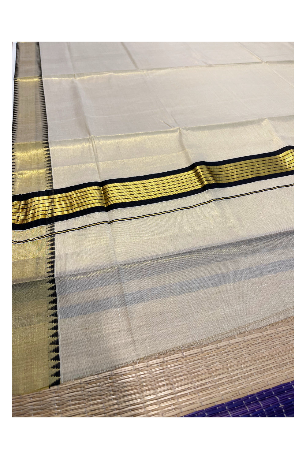 Kerala Tissue Kasavu Saree With Brown Temple Woven Works on Border