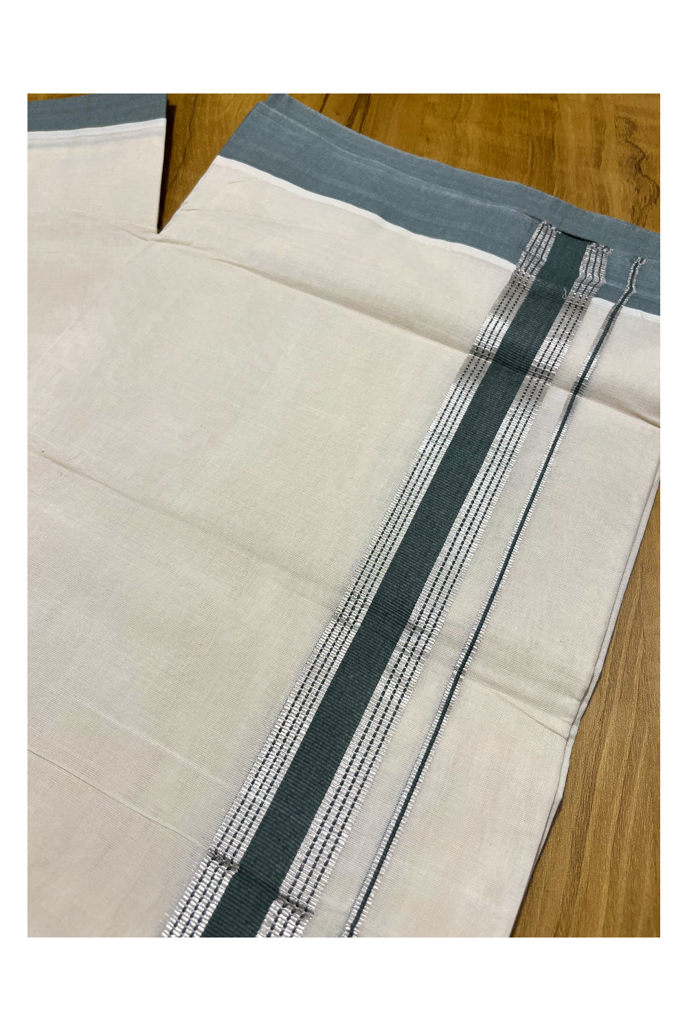 Pure Cotton Off White Double Mundu with Silver Kasavu and Green Border (South Indian Kerala Dhoti)