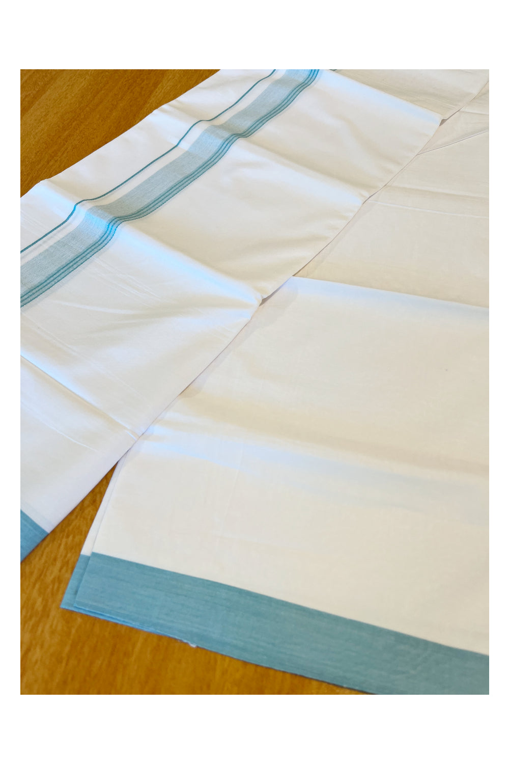 Pure White Cotton Single Mundu with Turquoise Border (South Indian Dhoti)