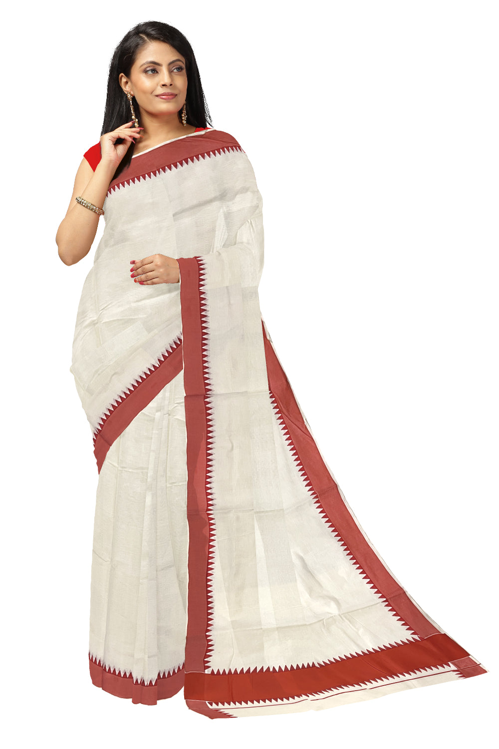 Kerala Pure Cotton Saree with Orange Temple Block Prints on Border