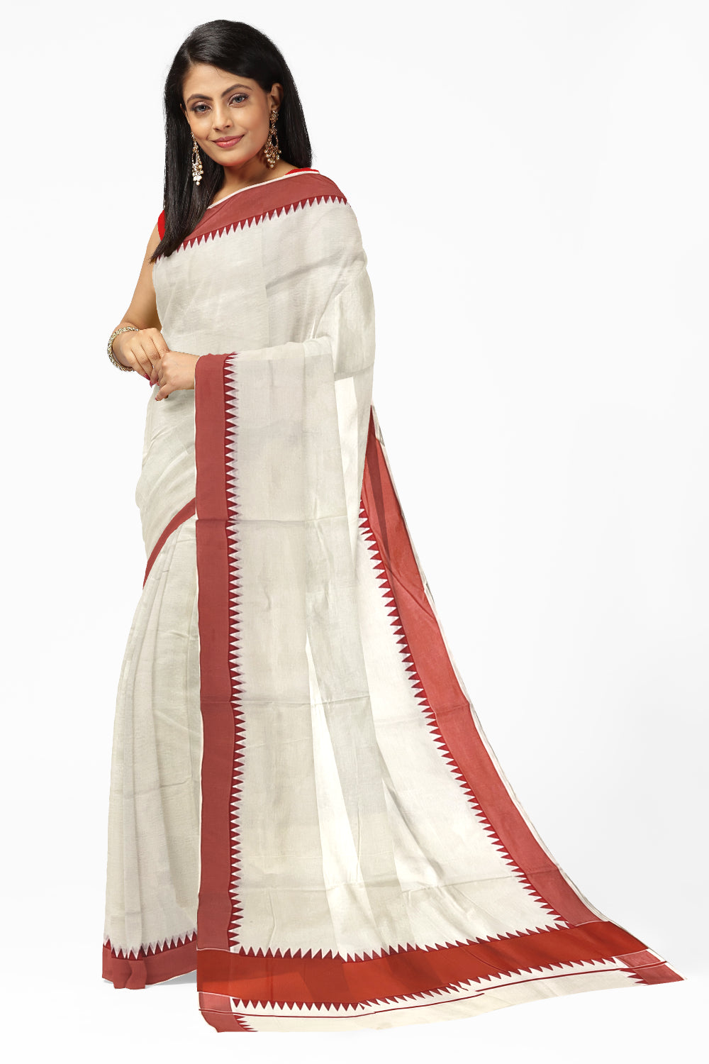 Kerala Pure Cotton Saree with Orange Temple Block Prints on Border