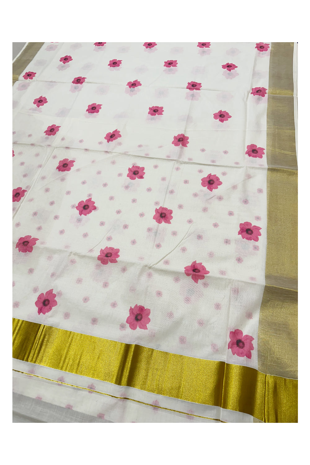 Southloom Exclusive Onam Kasavu Saree with Small Pink Floral High Quality Digital Print Across Body (Matching Printed Blouse Included)