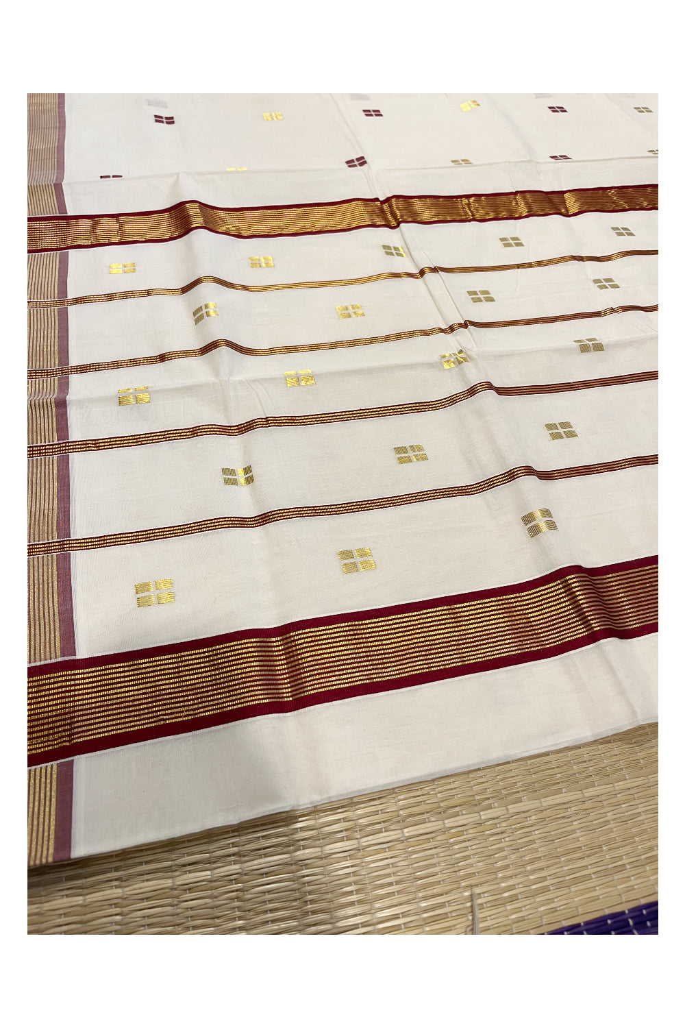 Southloom Premium Handloom Kerala Saree Marooon and Kasavu Lines with Golden Small Woven Works on Body