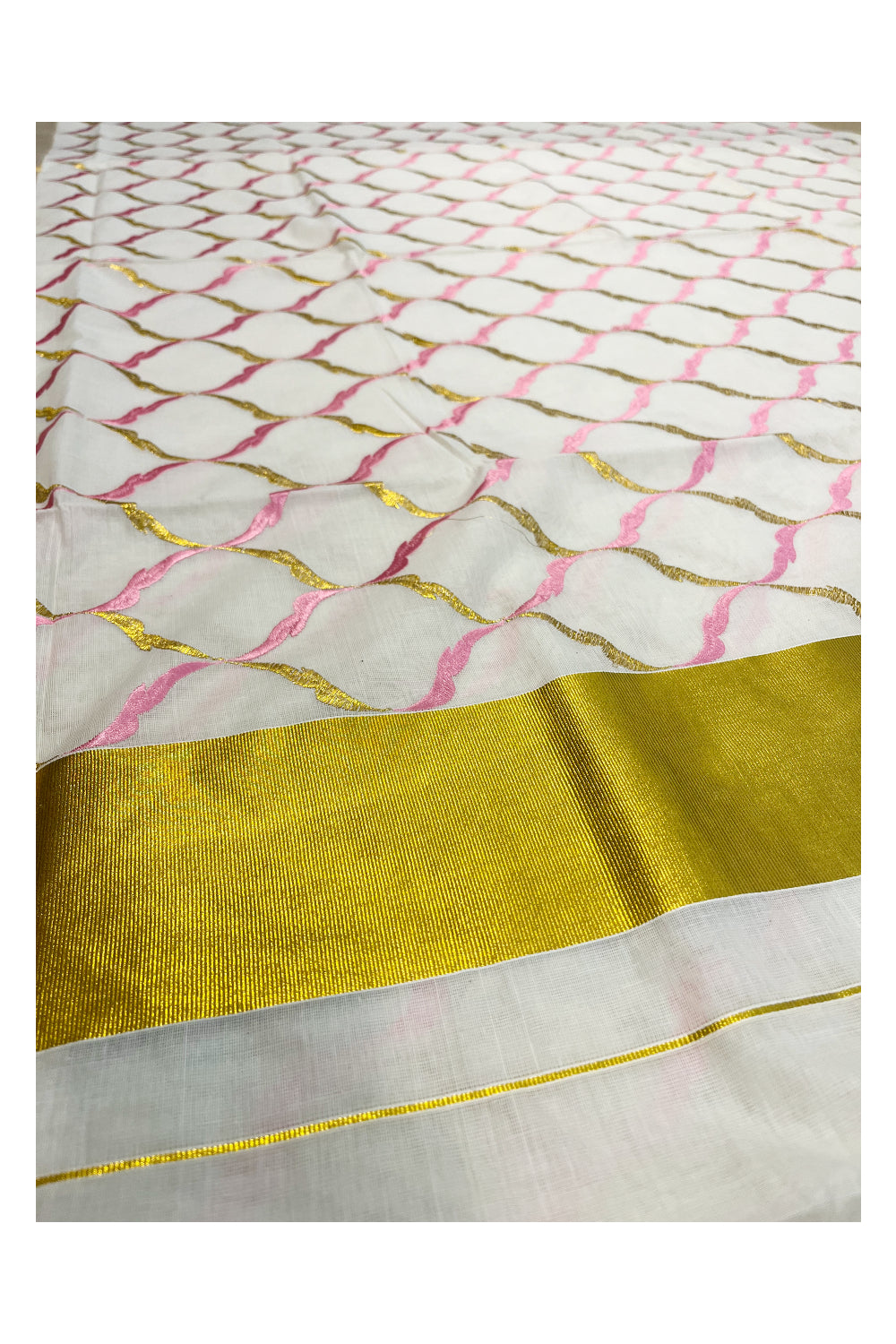 Southloom Cotton Kerala Kasavu Saree with Pink and Golden Floral Designs