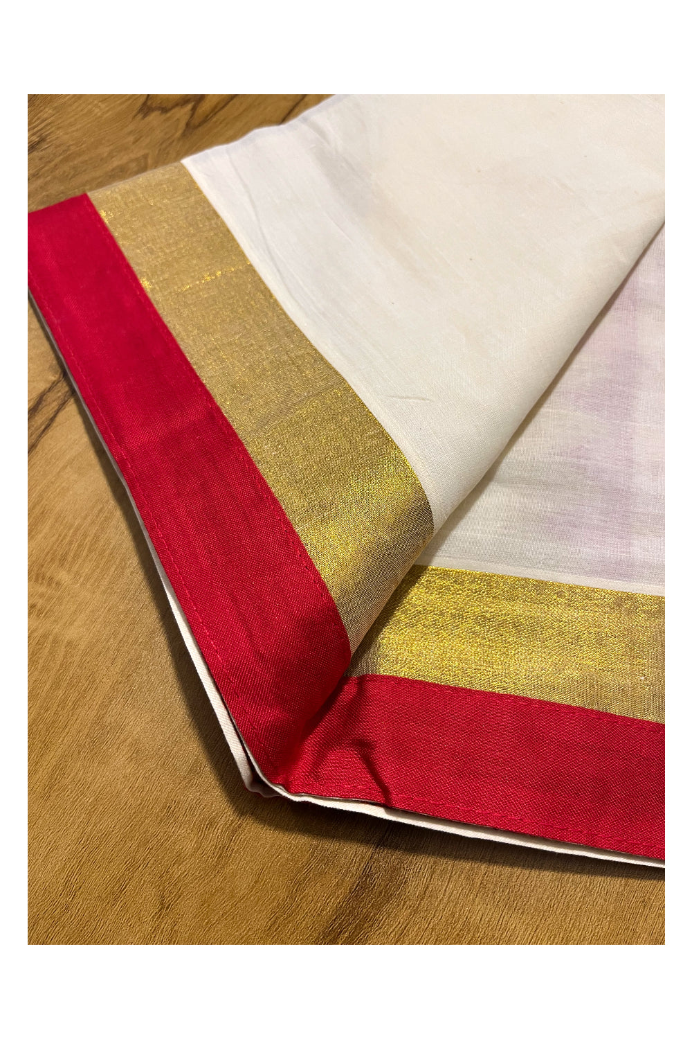 Kerala Cotton Single Set Mundu (Mundum Neriyathum) with Red Temple Applique Work Border 2.80Mtrs