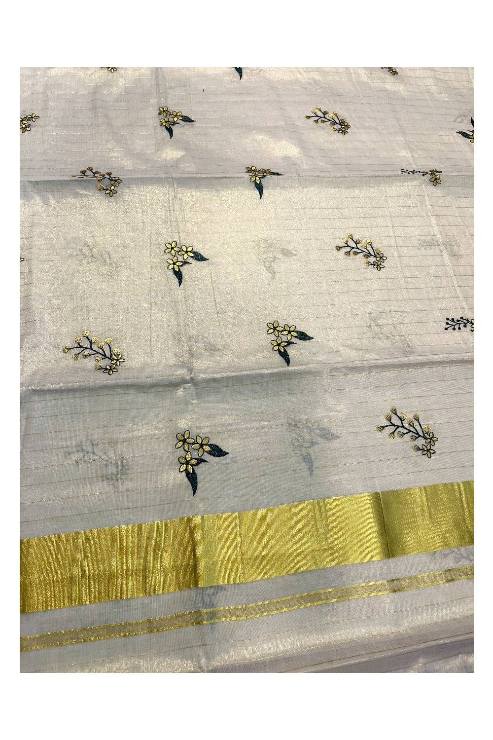 Kerala Tissue Kasavu Lines Saree with Flower Embroidery Works