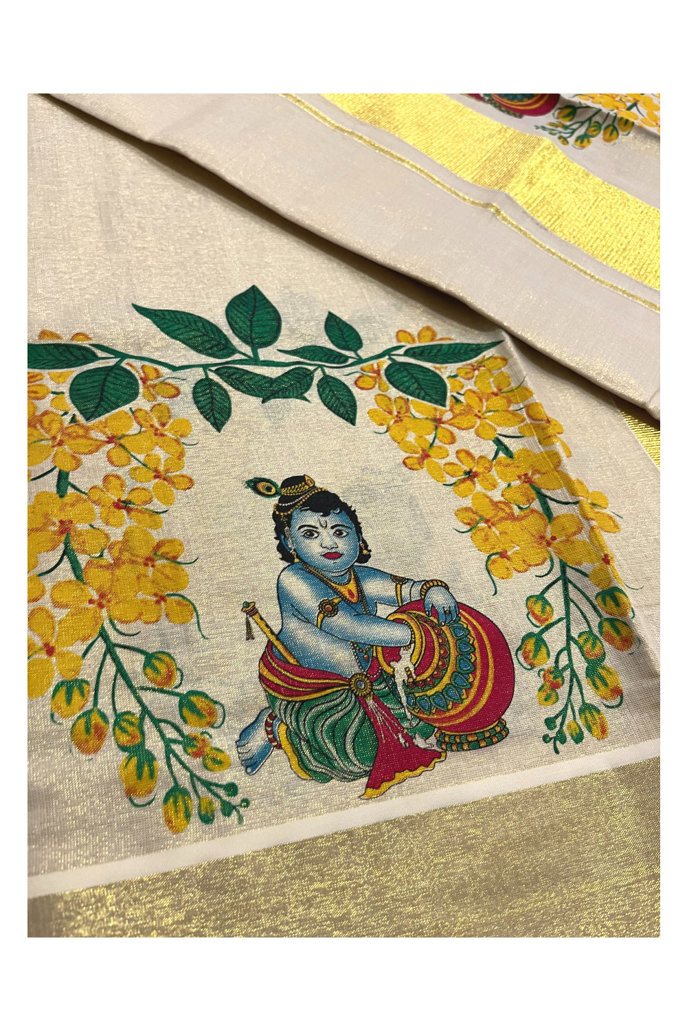 Kerala Tissue Kasavu Set Mundu (Mundum Neriyathum) with Baby Krishna Mural Printed Design