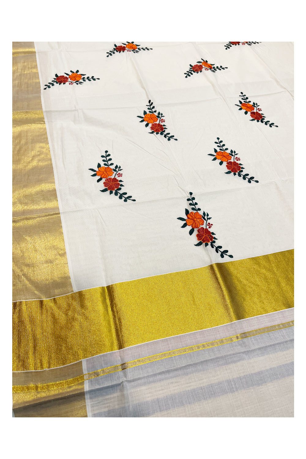 Kerala Cotton Kasavu Saree with Floral Flower Embroidery Works