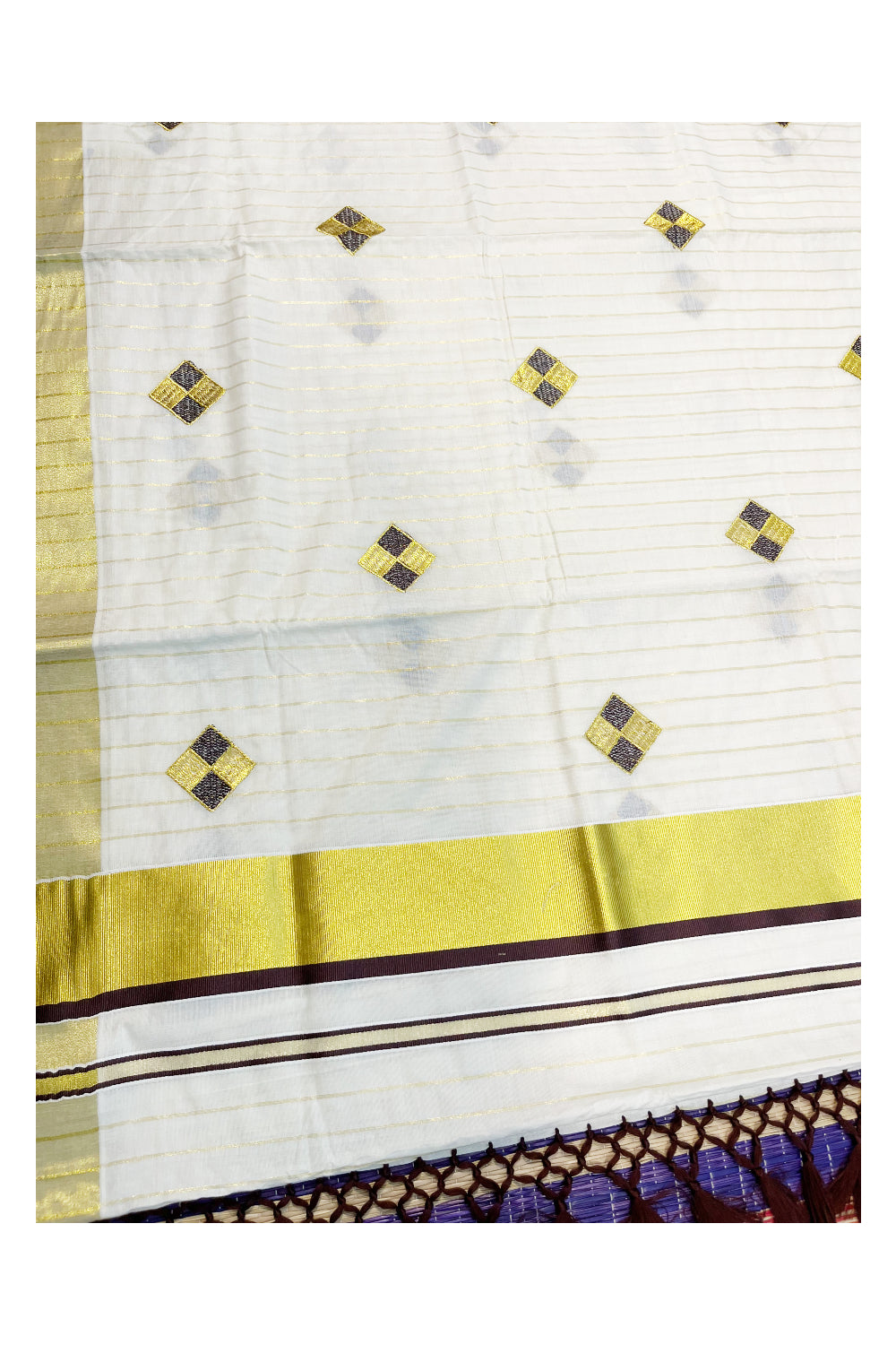 Kerala Cotton Kasavu Lines Saree with Brown and Golden Diagonal Embroidery Work