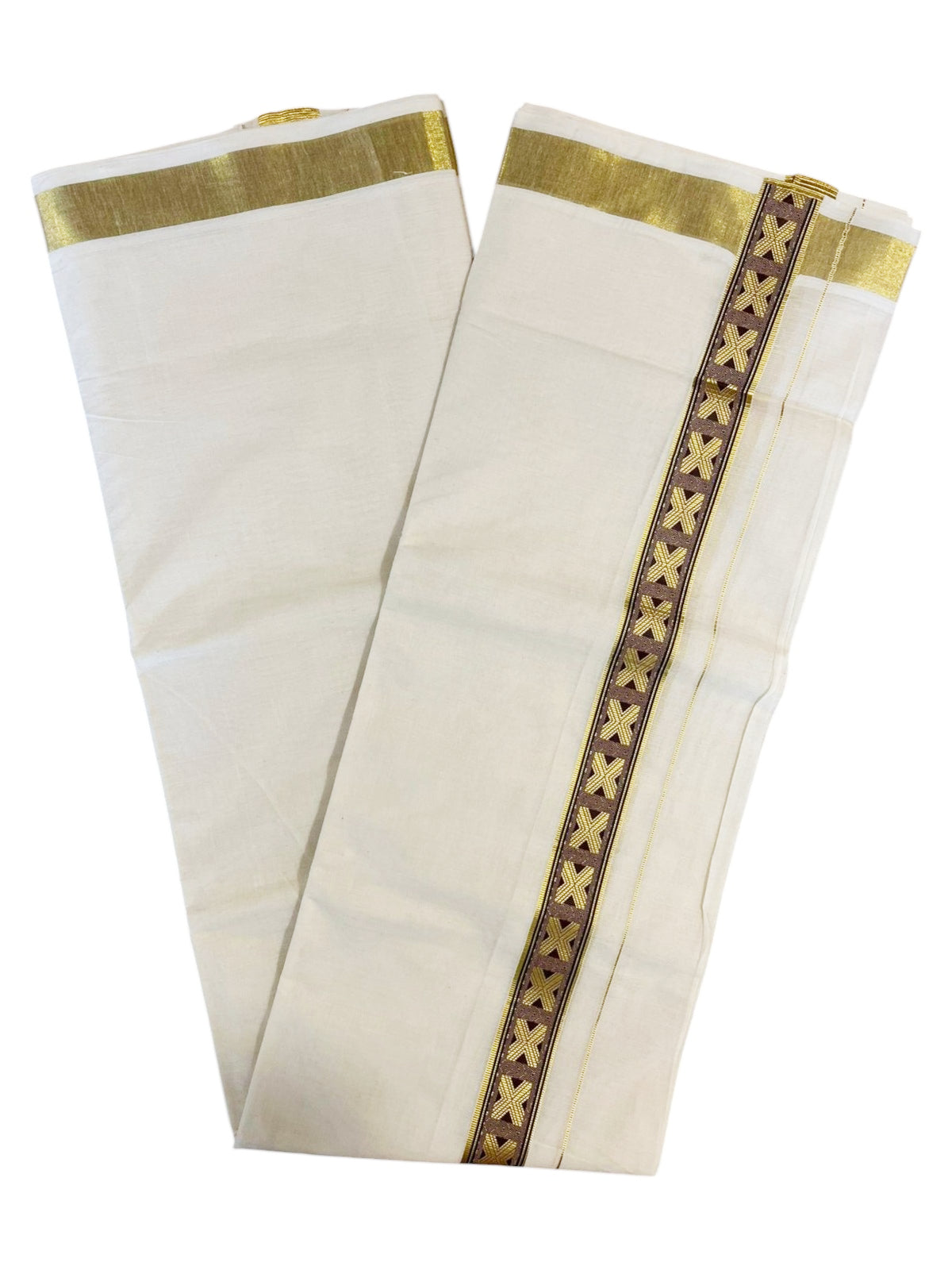 Southloom Kasavu Double Mundu with Brown Prints Along Kasavu Kara