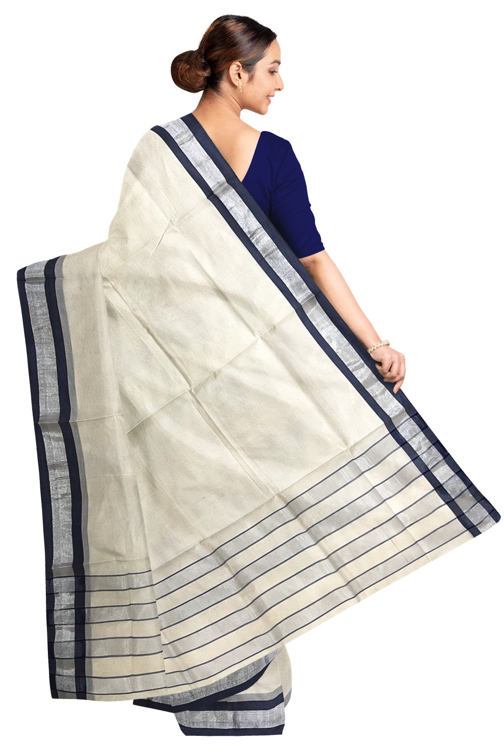 Pure Cotton Kerala Plain Saree with Kasavu and Blue Border and Lines Design on Pallu