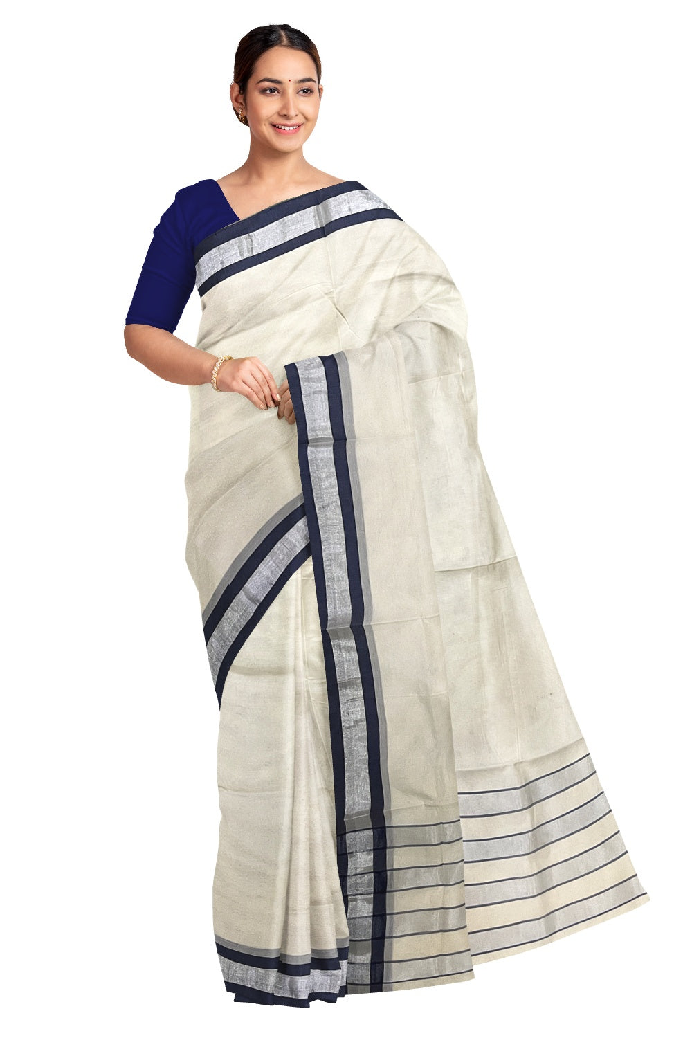 Pure Cotton Kerala Plain Saree with Kasavu and Blue Border and Lines Design on Pallu