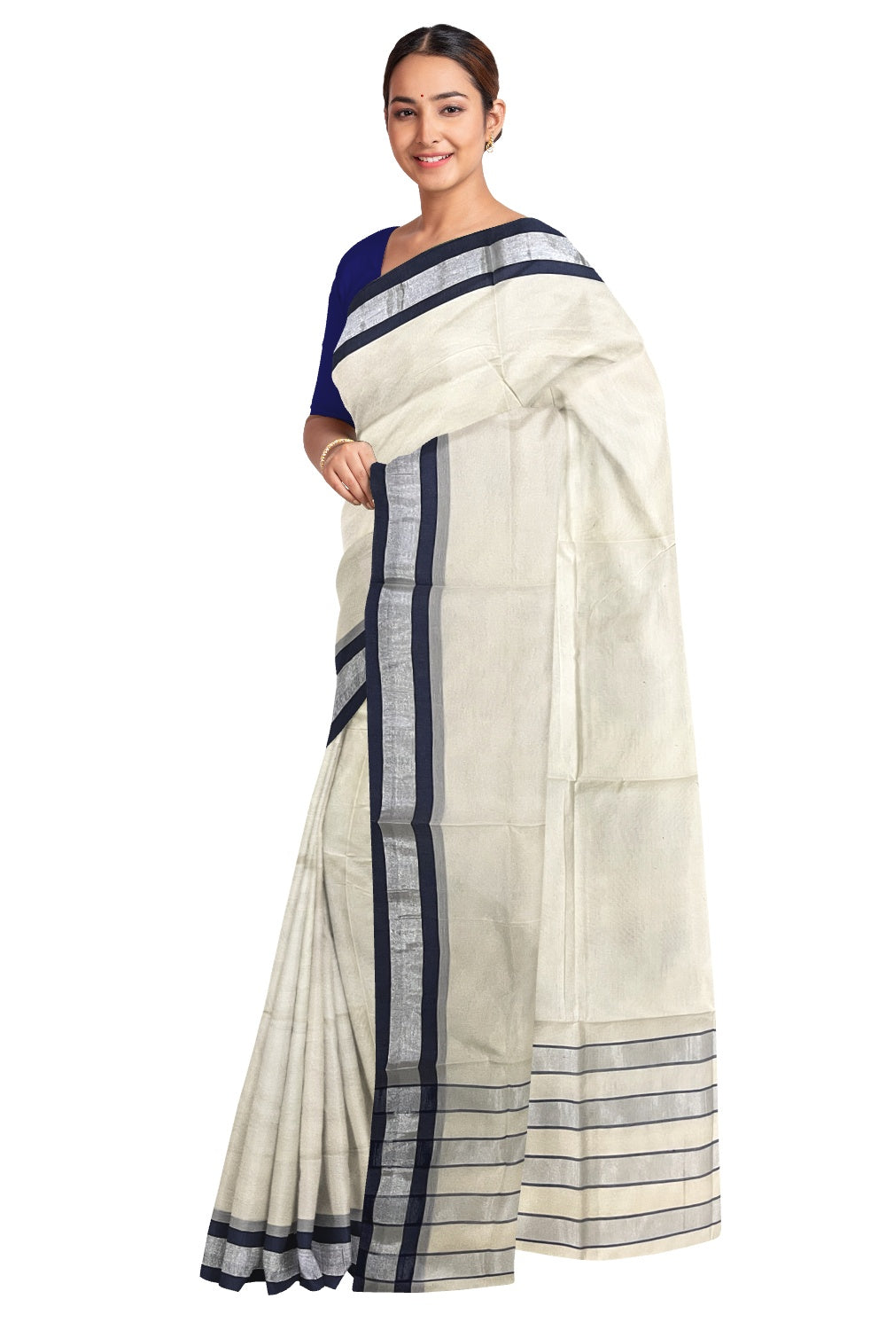 Pure Cotton Kerala Plain Saree with Kasavu and Blue Border and Lines Design on Pallu