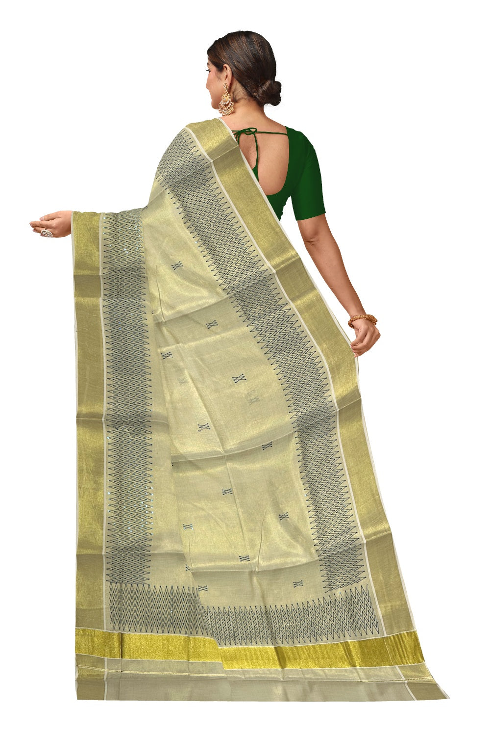 Kerala Tissue Kasavu Sequins Heavy Work Saree with Blue Thread Work Design