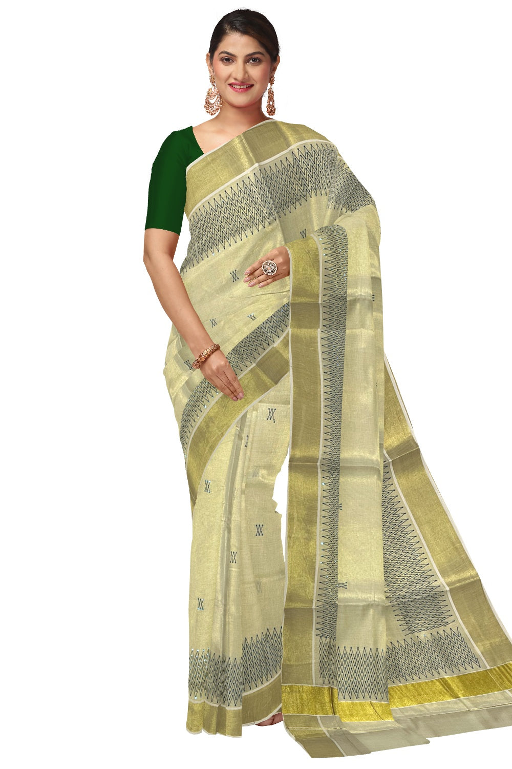 Kerala Tissue Kasavu Sequins Heavy Work Saree with Blue Thread Work Design