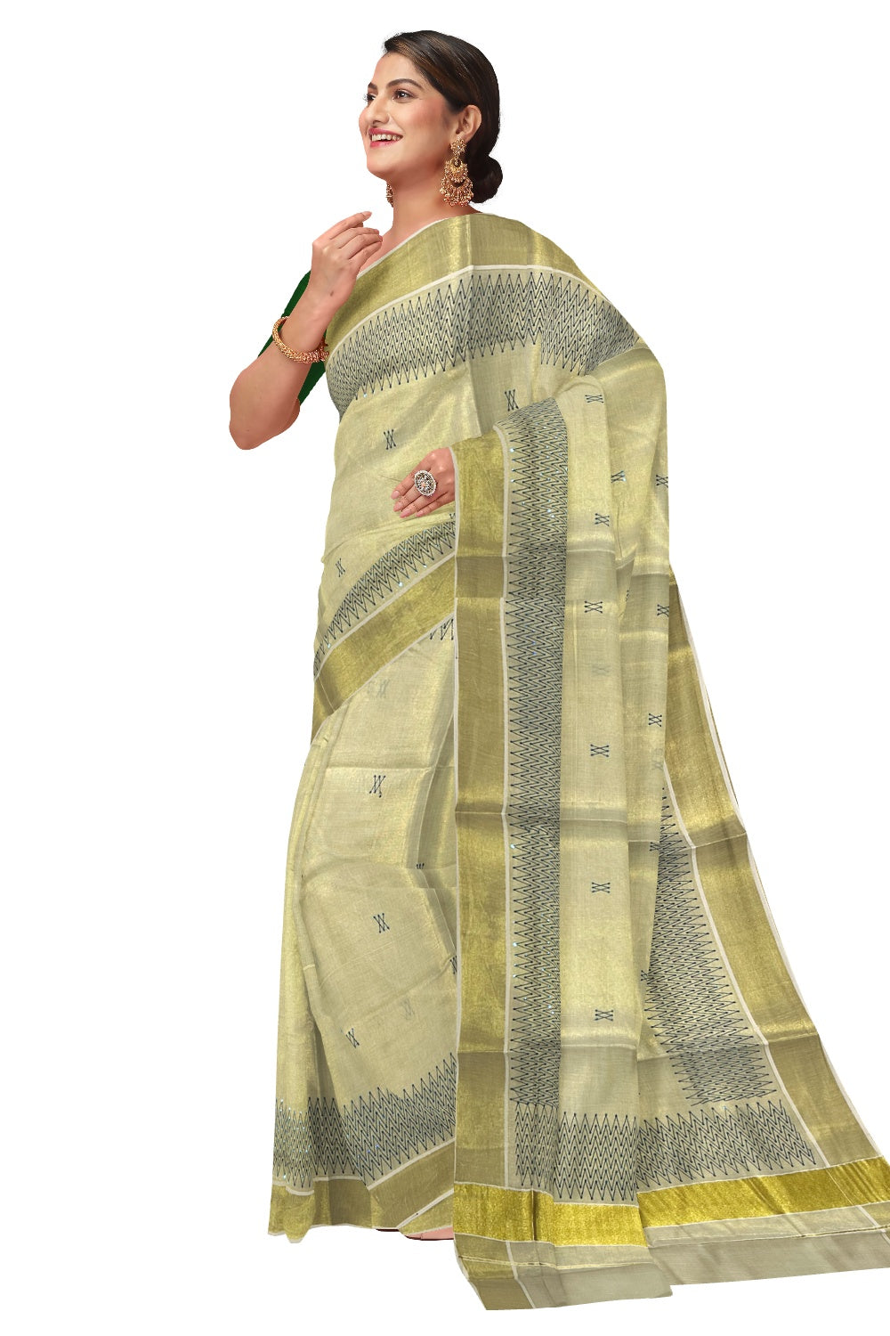 Kerala Tissue Kasavu Sequins Heavy Work Saree with Blue Thread Work Design